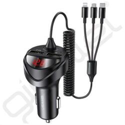 USAMS C22 autós töltő 2 USB aljzat (2.4A + fix Type-C/lightning/microUSB spirálkábel) FEKETE