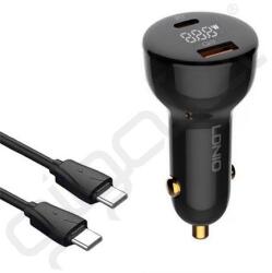 LDNIO autós töltő USB+Type-C aljzat (100W, PD gyorstöltő 3.0 + Type-C - Type-C kábel) FEKETE