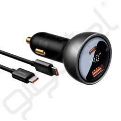 Baseus autós töltő USB+Type-C aljzat (240W, PD gyorstöltő 3.0 + Type-C kábel) FEKETE