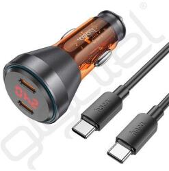 hoco. autós töltő 2 Type-C aljzat (60W, PD gyorstöltő, LED kijelző + Type-C - Type-C kábel) NARANCSSÁRGA