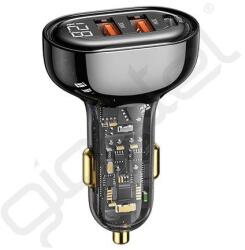 USAMS autós töltő 2 USB+Type-C aljzat (125W, PD gyorstöltő, LED kijelző) FEKETE