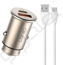 LDNIO autós töltő USB+Type-C aljzat (30W, PD gyorstöltő + microUSB kábel) ARANY
