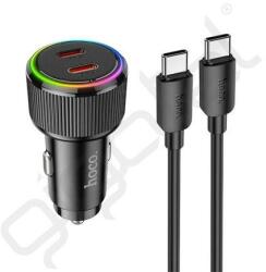 hoco. NZ14 autós töltő 2 Type-C aljzat (50W, PD gyorstöltő 3.0, LED + Type-C kábel) FEKETE