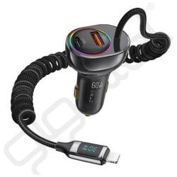 USAMS autós töltő USB+Type-C aljzat (30W, PD gyorstöltő, LED kijelző, RGB + fix lightning kábel) FEKETE