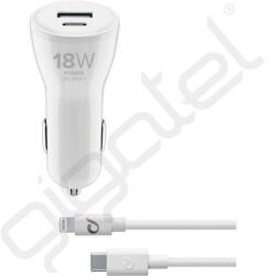 Cellularline autós töltő USB+Type-C aljzat (18+12W, gyorstöltő + Type-C - lightning kábel) FEHÉR