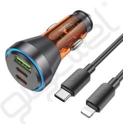 hoco. autós töltő USB+2 Type-C aljzat (60W, PD gyorstöltő, LED jelzés + lightning kábel) NARANCSSÁRGA