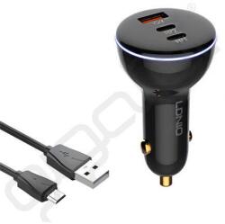 LDNIO autós töltő USB+2 Type-C aljzat (160W, gyorstöltő 3.0 + microUSB kábel) FEKETE