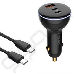 LDNIO autós töltő USB+2 Type-C aljzat (160W, gyorstöltő 3.0 + Type-C - Type-C kábel) FEKETE