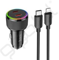 hoco. NZ14 autós töltő 2 Type-C aljzat (50W, PD gyorstöltő 3.0, LED + lightning kábel) FEKETE