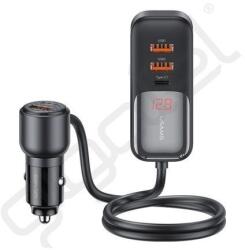 USAMS C40 autós töltő 3 USB+2 Type-C aljzat (165W, PD gyorstöltő, LED kijelző + 1.5m hosszabbító) FEKETE