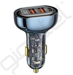 USAMS autós töltő 2 USB+Type-C aljzat (125W, PD gyorstöltő, LED kijelző) SÖTÉTKÉK