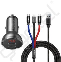 Baseus autós töltő 2 USB aljzat (24W + kábel 3in1 USB - lightning/microUSB/Type-C, 120cm) SZÜRKE