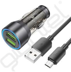 hoco. autós töltő 2 USB aljzat (18W, gyorstöltő, LED jelzés + microUSB kábel) FEKETE