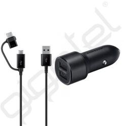 Samsung autós töltő 2 USB aljzat (15W, gyorstöltő, LED + Type-C/microUSB kábel) FEKETE