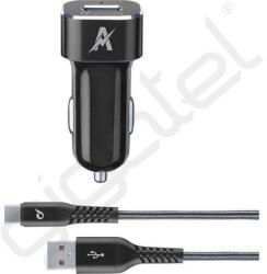 Cellularline TETRAFORCE autós töltő USB aljzat (15W, gyorstöltő + Type-C kábel) FEKETE