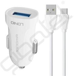 LDNIO autós töltő USB aljzat (12W, gyorstöltő + Type-C kábel) FEHÉR