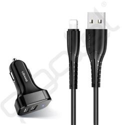 USAMS KING-TU autós töltő 2 USB aljzat (10W + lightning kábel) FEKETE