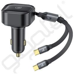 USAMS C41 autós töltő (30W, PD gyorstöltő, LED jelzés + csévélhető lapos Type-C kábel) FEKETE