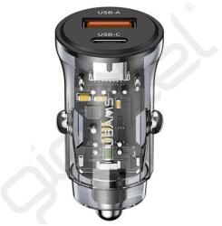 USAMS C32 autós töltő USB+Type-C aljzat (30W, PD gyorstöltő) FEKETE