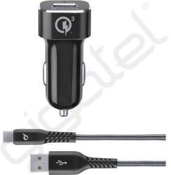 Cellularline TETRAFORCE autós töltő USB aljzat (18W, gyorstöltő + Type-C kábel) FEKETE