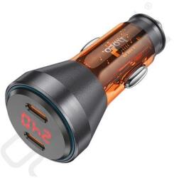 hoco. autós töltő 2 Type-C aljzat (60W, PD gyorstöltő, LED kijelző) NARANCSSÁRGA