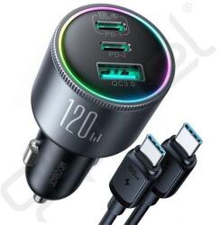 JOYROOM autós töltő USB+2 Type-C aljzat (120W, PD gyorstöltő 3.0 + Type-C kábel) FEKETE
