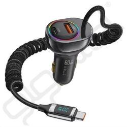 Yed USAMS autós töltő USB+Type-C aljzat (30W, PD gyorstöltő, LED kijelző, RGB + fix Type-C kábel) FEKETE