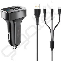 USAMS KING TU C13 autós töltő 2 USB aljzat (10W, LED jelzés + Type-C/lightning/microUSB kábel) FEKETE