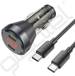 hoco. autós töltő 2 Type-C aljzat (60W, PD gyorstöltő, LED kijelző + Type-C - Type-C kábel) FEKETE