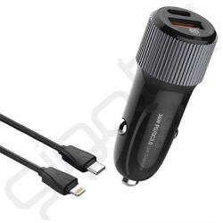 LDNIO autós töltő USB+Type-C aljzat (36W, PD gyorstöltő + Type-C - lightning kábel) FEKETE