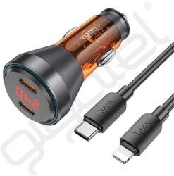 hoco. autós töltő 2 Type-C aljzat (60W, PD gyorstöltő, LED kijelző + lightning kábel) NARANCSSÁRGA