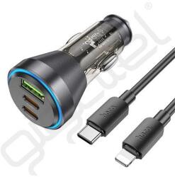 hoco. autós töltő USB+2 Type-C aljzat (60W, PD gyorstöltő, LED jelzés + lightning kábel) FEKETE