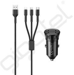 REMAX autós töltő 2 USB aljzat (12W, gyorstöltő + USB - lightning/microUSB/Type-C kábel) FEKETE