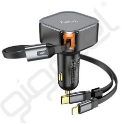 hoco. autós töltő USB+Type-C aljzat (57W, PD gyorstöltő, LED kijelző + csévélhető lapos Type-C - lightning kábel) FEKETE