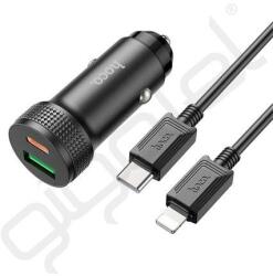 hoco. LEVEL autós töltő USB+Type-C aljzat (38W, PD gyorstöltő 3.0 + lightning kábel) FEKETE