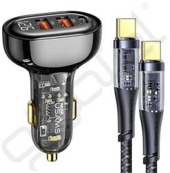 USAMS autós töltő 2 USB+Type-C aljzat (80W, gyorstöltő + Type-C kábel) FEKETE