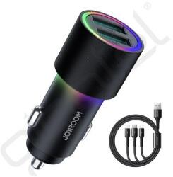 JOYROOM autós töltő 2 USB aljzat (24W, LED jelzés + Type-C/microUSB/lightning kábel) FEKETE