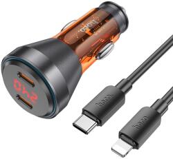 hoco. autós töltő 2 x Type C digitális kijelzővel + Type C to Lightning kábel PD QC3.0 3A 60W átlátszó narancs
