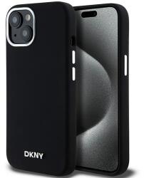 Eredeti DKNY kemény tok folyékony szilikonból, kis fém logóval, MagSafe kompatibilis, DKHMP14SSMCHLK iPhone 14/15/13 fekete tok