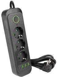  3-as elosztó , dugaljzat , hosszabbító , kapcsolós , 2m-es kábellel , 3 x USB , 1 x USB-C , fekete , Modi (5850)