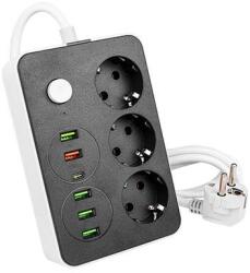 3-as elosztó , dugaljzat , hosszabbító , kapcsolós , 2m-es kábellel , 5 x USB , 1 x USB C , fekete , fehér , Remo (5856)