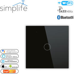 Simplife okos WiFi + RF villanykapcsoló - fekete - csak fázis, vagy fázis+nulla - 1 csatornás - Amazon Alexa, Google Home, iOS/Android-PST-WT-E1B