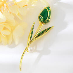  Arannyal bevont zöld rózsabimbó bross cirkónia kristályokkal (0198. ) (G500542C07Y)