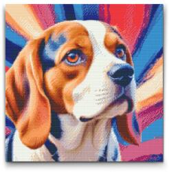 Gyémántszemes kirakó - Beagle vörös és kék árnyalatokban Méret: 50x50cm, Keretezés: Műanyagtáblával, Gyémántok: Kerek