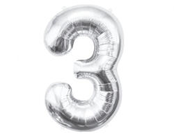 Godan Silver, Ezüst 3-as szám fólia lufi 85 cm (MLG109450)