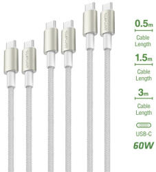 4smarts PremiumCord USB-C / USB-C töltő- és adatkábel szett, 60W, 3x0.5M+1.5M+3M, fehér / ezüst (4S540621)