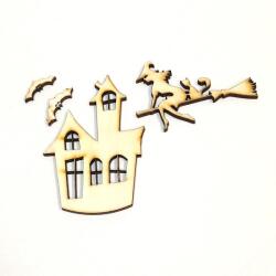  Halloween-csomag: szellemkastély, seprűn repülő boszi, 2db denevér. Méretek: kastély: 6x8, 5 cm, boszi: 7x4, 5 cm, denevér: 2, 7x1 cm