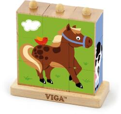 Viga Toys Puzzle din cuburi de lemn pe suport Viga Farma