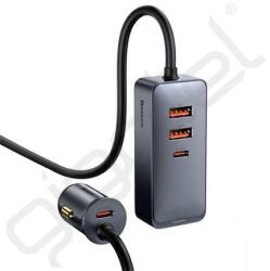 Baseus szivargyújtó adapter (elosztó, 2 USB+2 Type-C aljzat, 24V, 120W, PD gyorstöltő, 150cm) SZÜRKE