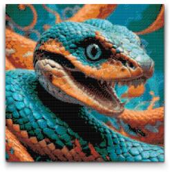 Gyémántszemes kirakó - Kígyó türkiz és narancs árnyalatokban Méret: 50x50cm, Keretezés: Kartonlemezen, Gyémántok: Négyzet alakú